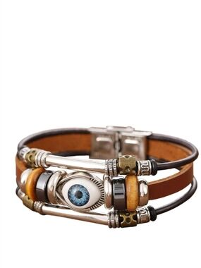 Multilayer Brown Leather Evil Eye Bracelet with Alloy Beads and Magnetic Clasp